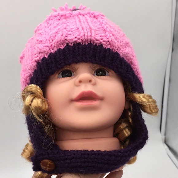 Hand Knit Girls Winter Hat + Pair of Mittens Pink Purple - Picture 11 of 13